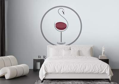 Flamingo wine glass bar logo line style template design for brand or company and other Wall mural