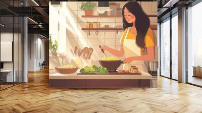 The woman in the kitchen in the morning cooking a food. Wall mural