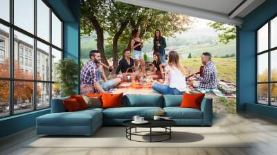 Picnic in the countryside. Group of young friends, at sunset on spring day, are sitting on the ground in a park near trees. They drinking red wine and eating grilled meat with barbecue Wall mural