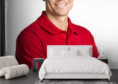 Caucasian man in his 30s wearing a red polo shirt, smiling confidently against a transparent background. Wall mural