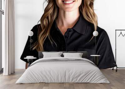 Caucasian woman in her 30s wearing a black polo shirt, smiling confidently against a transparent background. Wall mural