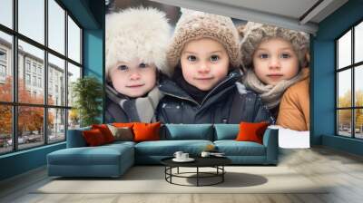 Multi ethnic children headshot portrait in the snow. Close up shot Wall mural