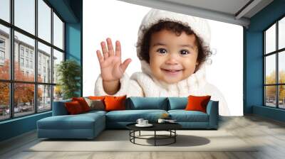 Portrait of Brazilian baby girl wearing white knit wear and saying hi Wall mural