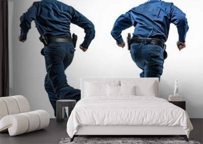 Two police men running back view full body shot over isolated transparent background Wall mural