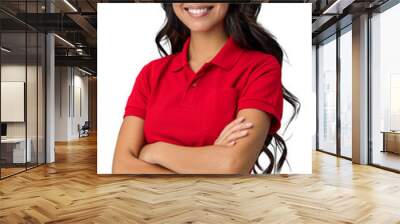 Young Hispanic woman in a red polo shirt, smiling confidently with arms crossed, isolated on a transparent background. Wall mural