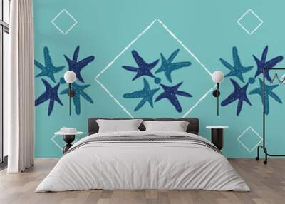 Coastal starfish seamless repeat border. White drawings and blue sea stars on turquoise background. Seamless vector design with fresh clean look for vacation, beach wedding, resort and spa designs. Wall mural