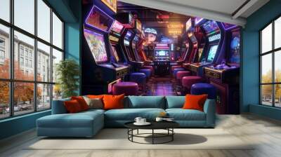 View of retro arcade and video games with glowing displays and  retro design Wall mural