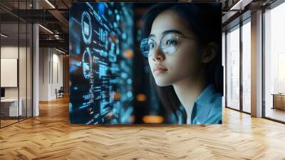 Female IT student analyzing code with augmented reality interface, layers of data and cybersecurity symbols in a futuristic digital environment, double exposure effect Wall mural