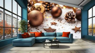 Festive gold and chocolate-colored baubles, ribbons, and stars on a snowy white background, minimalist and modern holiday vibe Wall mural