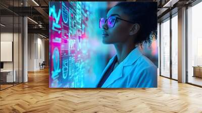 Side profile of a Black female pharmacist analyzing holographic AI data in a futuristic lab, neon lights reflect on her face, glowing medical charts hover in front of her, digital art, sci-fi style Wall mural