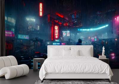 view of cyberpunk dystopian street Blade Runner style in a dark atmosphere under the rain neon lights night blue and red lights unreal engine photorealistic unreal engine VFX Octane render  Wall mural