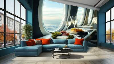 a photo of a luxurious in-flight dining experience inside a private jet. The table is elegantly set with a selection of charcuterie, cheese accompanied by two glasses of white wine. Wall mural