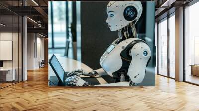 An image of a humanoid robot sitting at a desk and working on a laptop. The ai robot replaces human at work Wall mural