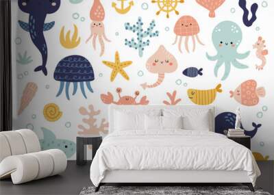 big vector set of cute underwater animals Wall mural