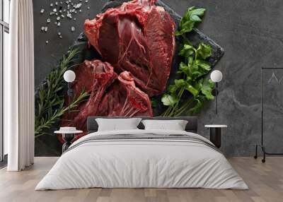 Raw Beef Heart. Uncooked red meat. Flat layot, copy space Wall mural