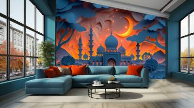 Artistic Ramadan wishes A paper cut design of a mosque under a crescent moon setting a beautiful scene for greetings Wall mural