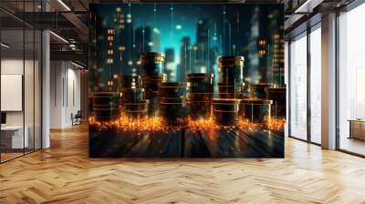 Depict a double exposure scene where an overflowing oil barrel blends with glowing financial charts illustrating the stark reality of soaring gasoline  Wall mural