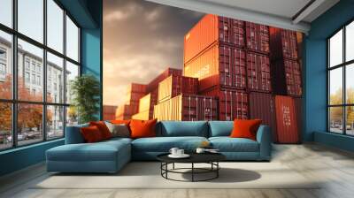 graph with columns on the background of shipping containers in the seaport decline or growth of exports and imports logistics expenses neon  Medium Shot Wall mural