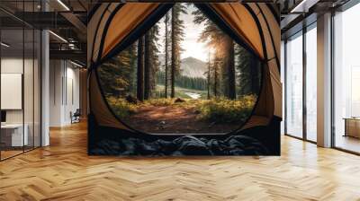 A camping tent in a nature hiking spot (view from inside the tent)  Wall mural