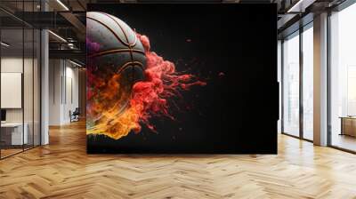 basketball in explosion of colored neon powder isolated on black background. Concept of energy, power, motion. banner with Copyspace for ad, design. Generative AI Wall mural