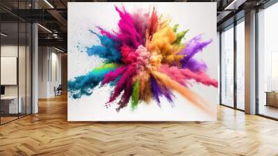 Explosion of colored powder. Close up abstract dust on white background. Colored explosion. Paint holi Generative AI Wall mural