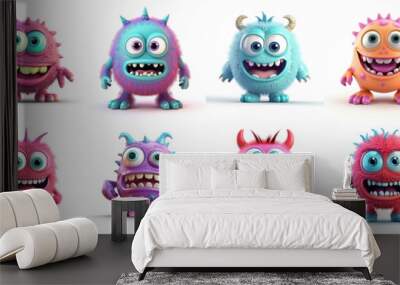 Happy Halloween. Monster colorful 3d set. Cute kawaii cartoon scary funny baby character. Eyes, tongue, tooth fang, hands up. White background - Generative AI Wall mural