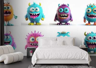 Happy Halloween. Monster colorful 3d set. Cute kawaii cartoon scary funny baby character. Eyes, tongue, tooth fang, hands up. White background Wall mural