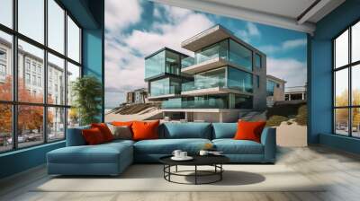 Luxury house with sea view and beach terrace in modern design, Holiday home or holiday villa for large family - Generative AI Wall mural