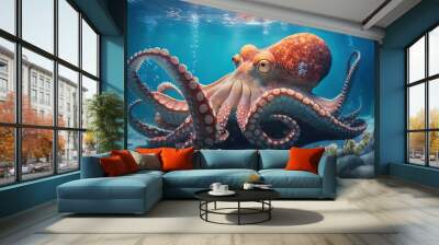 Octopus in water. Swimming animal picture in blue. Seashore life: coral reef, stones at sea bottom  Wall mural