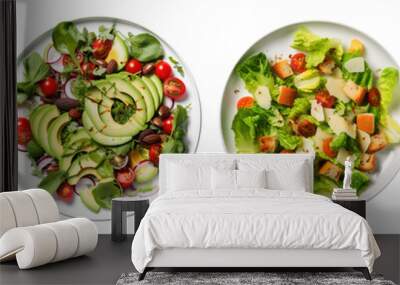 Rich plates of salad from green leaves mix and vegetables with avocado or eggs, chicken and shrimps isolated on transparent background Wall mural