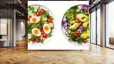 Rich plates of salad from green leaves mix and vegetables with avocado or eggs, chicken and shrimps isolated on transparent background Wall mural