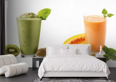 Row of healthy fresh fruit and vegetable smoothies with assorted ingredients served in glass bottles with straws isolated on transparent background Wall mural