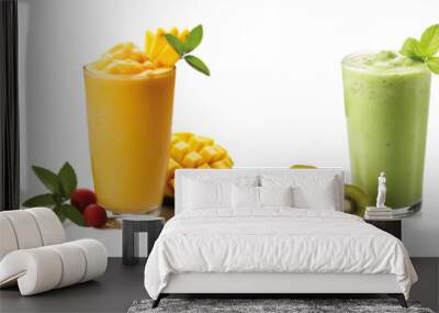 Row of healthy fresh fruit and vegetable smoothies with assorted ingredients served in glass bottles with straws isolated on transparent background Wall mural