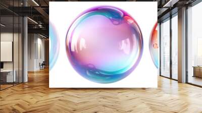 Set of realistic transparent colorful soap bubbles with rainbow reflection isolated on transparent background Wall mural