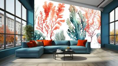 Set of vector watercolor seaweed and corals isolated on white. Sea theme, design element, decoration of water entertainment places, parks, beaches. Wall mural