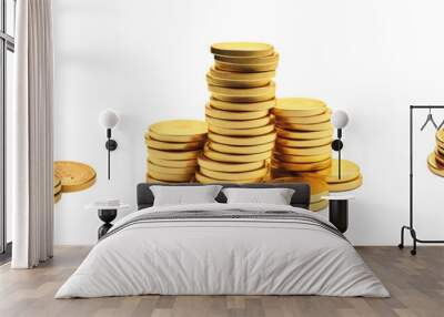 Stacks of shiny coins isolated on transparent background Wall mural