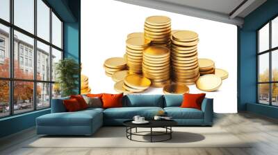 Stacks of shiny coins isolated on transparent background Wall mural