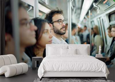 Caucasian man in a suit and glasses stands in a crowded subway car Wall mural