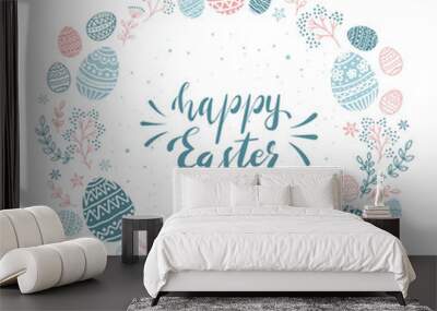 Card with Blue and Pink Easter Eggs on White Background Wall mural