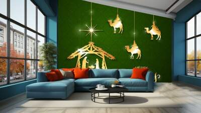 Christian Christmas Golden Elements on Green Background Wall mural