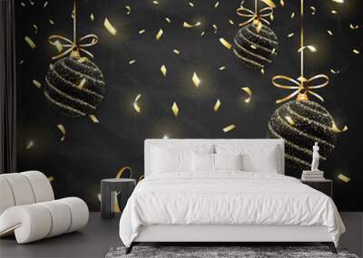 Christmas Background with Golden Confetti and Balls on Black Chalkboard Wall mural