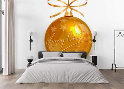 Gold ball with snowflakes and text Merry Christmas and Happy New Year Wall mural