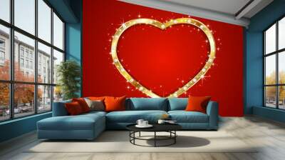 Gold heart with diamonds on red background Wall mural