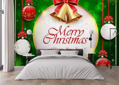 Green background with Christmas balls and round banner Wall mural