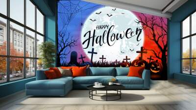 Halloween night background with big Moon and pumpkins Wall mural