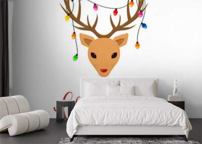 Reindeer Head with Christmas Lights on the Antlers Wall mural