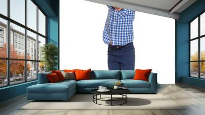 Bouncing the little boy in the blue plaid shirt and blue shorts - Isolated on white background Wall mural