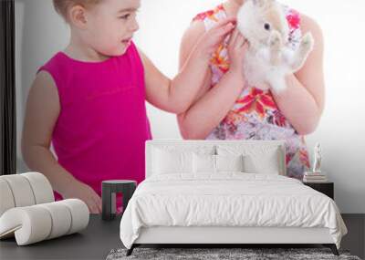 two little girlfriends stroking rabbit Wall mural