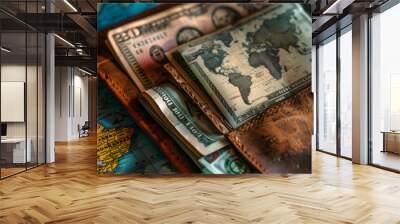 A colorful wallet filled with bills and coins from different countries around the world. Wall mural