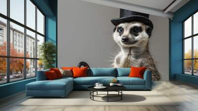 A dapper meerkat in a top hat and cane striking a pose on stage. Wall mural